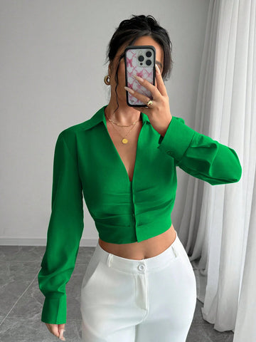 Women's Solid Color Long Sleeve Button Casual Blouse, Daily
