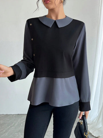 Women's Solid Color Patchwork Long Sleeve Simple Shirt, Casual For Daily Wear