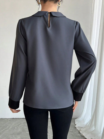 Women's Solid Color Patchwork Long Sleeve Simple Shirt, Casual For Daily Wear