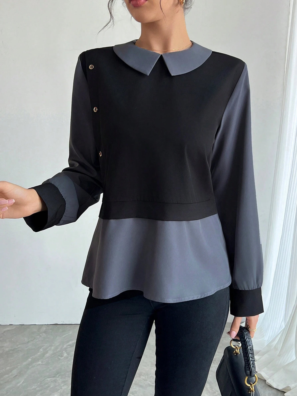 Women's Solid Color Patchwork Long Sleeve Simple Shirt, Casual For Daily Wear
