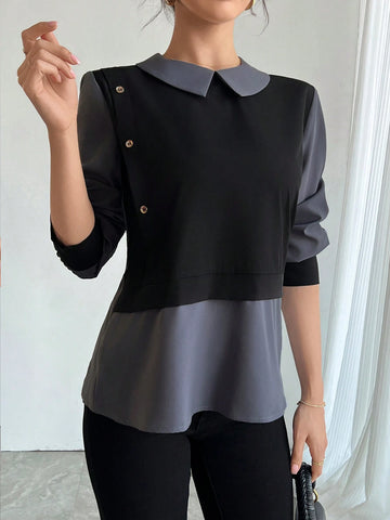 Women's Solid Color Patchwork Long Sleeve Simple Shirt, Casual For Daily Wear