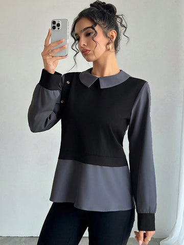 Women's Solid Color Patchwork Long Sleeve Simple Shirt, Casual For Daily Wear