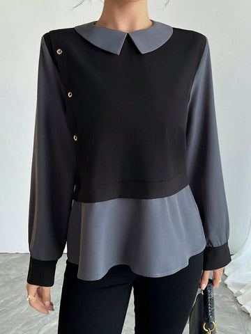 Women's Solid Color Patchwork Long Sleeve Simple Shirt, Casual For Daily Wear