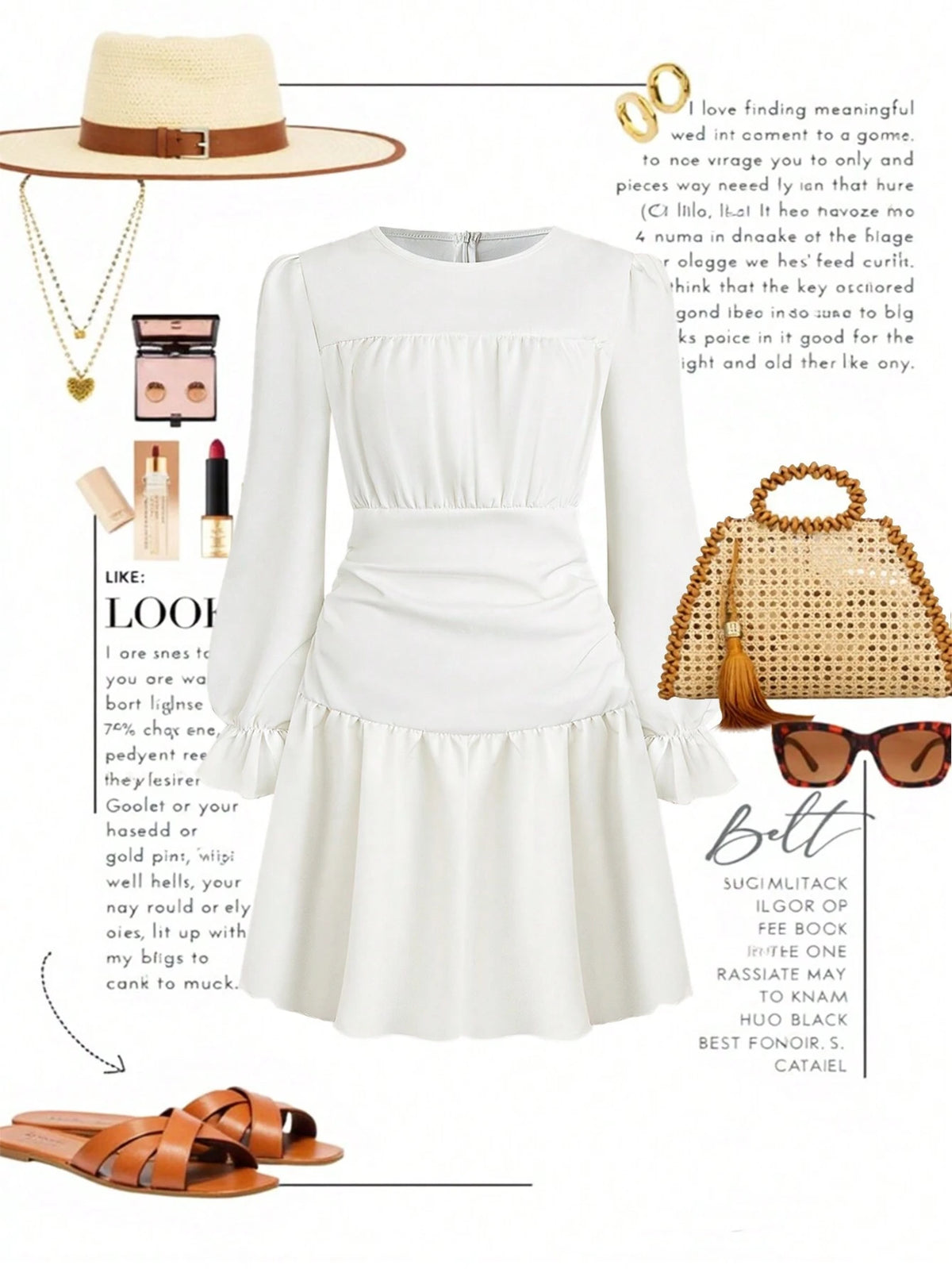 Women's Solid Color Round Neck Long Sleeve Ruched Short Dress, Casual Commuter Wear For Autumn