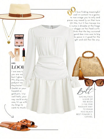 Women's Solid Color Round Neck Long Sleeve Ruched Short Dress, Casual Commuter Wear For Autumn