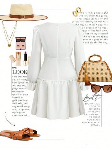 Women's Solid Color Round Neck Long Sleeve Ruched Short Dress, Casual Commuter Wear For Autumn