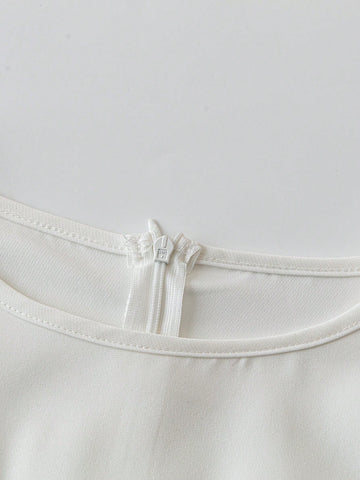 Women's Solid Color Round Neck Long Sleeve Ruched Short Dress, Casual Commuter Wear For Autumn