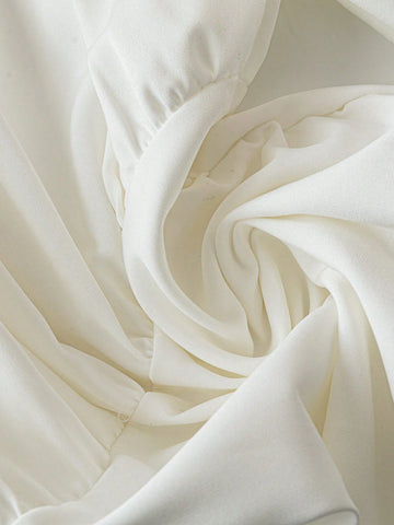 Women's Solid Color Round Neck Long Sleeve Ruched Short Dress, Casual Commuter Wear For Autumn