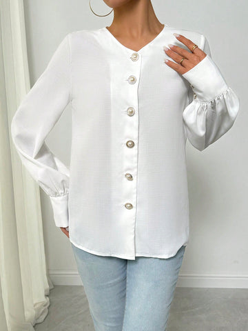 Women's Solid Color Single-Breasted Long Sleeve Casual Shirt,