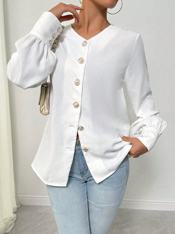 Women's Solid Color Single-Breasted Long Sleeve Casual Shirt,