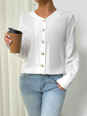 Women's Solid Color Single-Breasted Long Sleeve Casual Shirt,