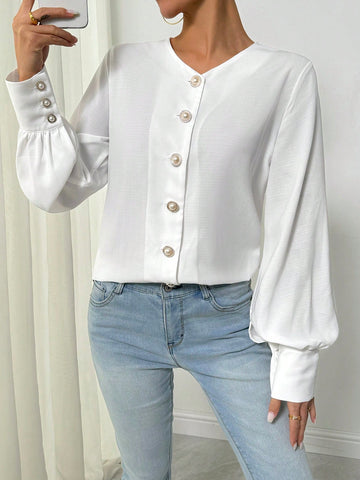 Women's Solid Color Single-Breasted Long Sleeve Casual Shirt,