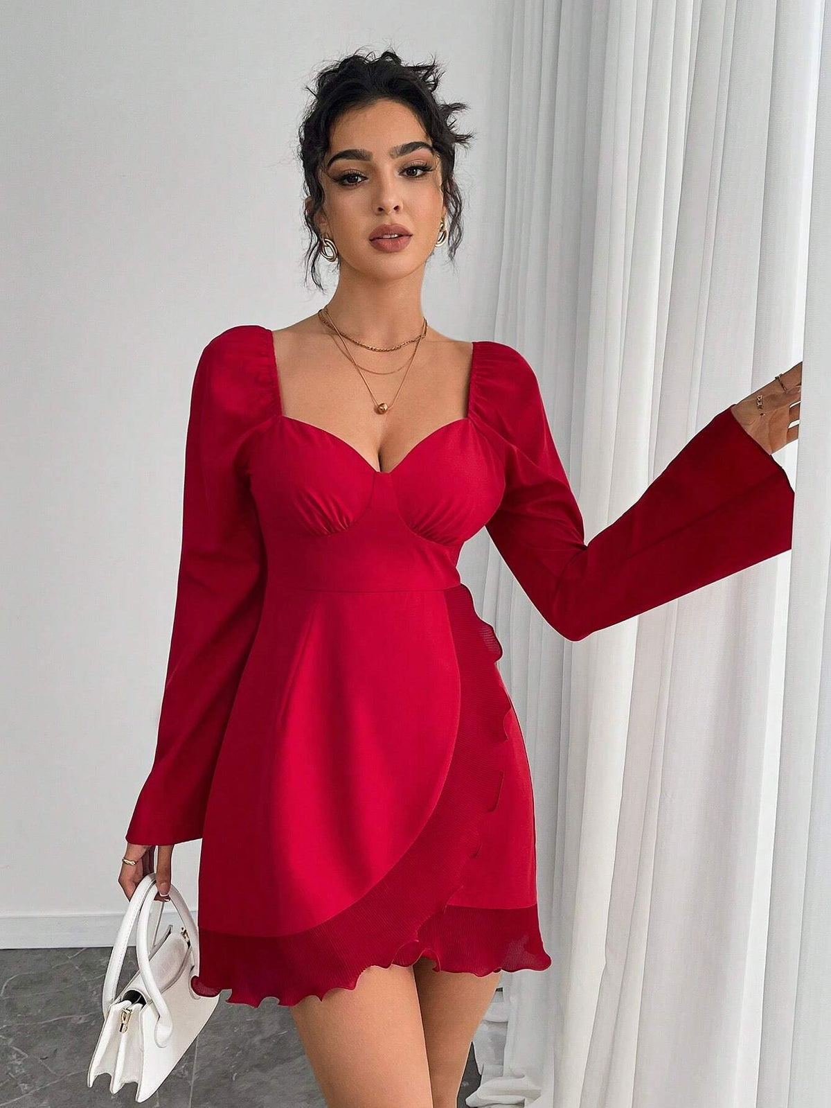 Women's Solid Color V-Neck Flare Short Ruffle Dress, Elegant