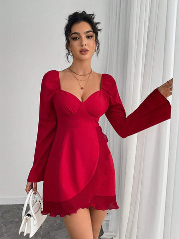 Women's Solid Color V-Neck Flare Short Ruffle Dress, Elegant