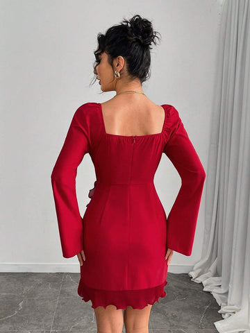 Women's Solid Color V-Neck Flare Short Ruffle Dress, Elegant