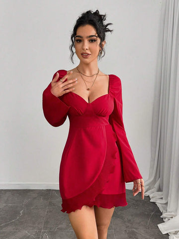 Women's Solid Color V-Neck Flare Short Ruffle Dress, Elegant