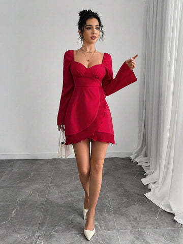 Women's Solid Color V-Neck Flare Short Ruffle Dress, Elegant