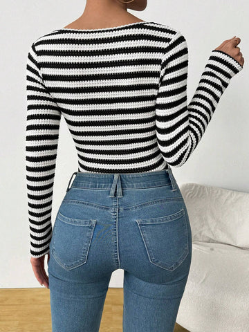 Women's Striped Simple Long Sleeve Bodysuit, Casual Everyday Wear