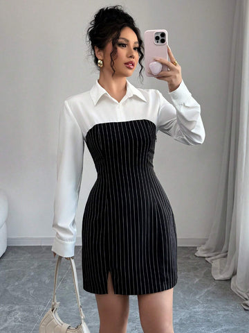 Women's Striped Splice Polo Collar Slim Fit Casual Commuting Elegant Long Sleeve Dress