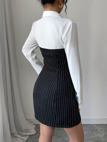 Women's Striped Splice Polo Collar Slim Fit Casual Commuting Elegant Long Sleeve Dress