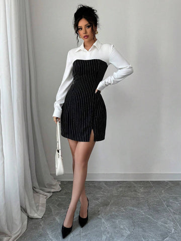 Women's Striped Splice Polo Collar Slim Fit Casual Commuting Elegant Long Sleeve Dress