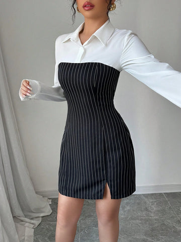 Women's Striped Splice Polo Collar Slim Fit Casual Commuting Elegant Long Sleeve Dress