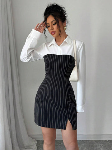 Women's Striped Splice Polo Collar Slim Fit Casual Commuting Elegant Long Sleeve Dress