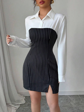 Women's Striped Splice Polo Collar Slim Fit Casual Commuting Elegant Long Sleeve Dress