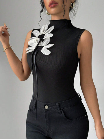 Women's Tight-Fitting Sexy 3D Mesh Floral Strap Camisole Top