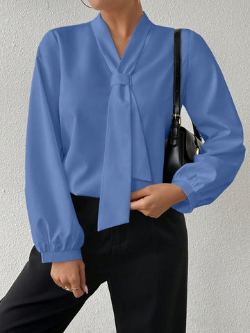 Women's White Lace-Up Design Long Sleeve Elegant Blouse