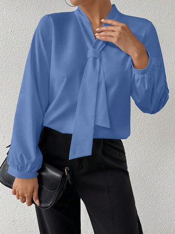 Women's White Lace-Up Design Long Sleeve Elegant Blouse