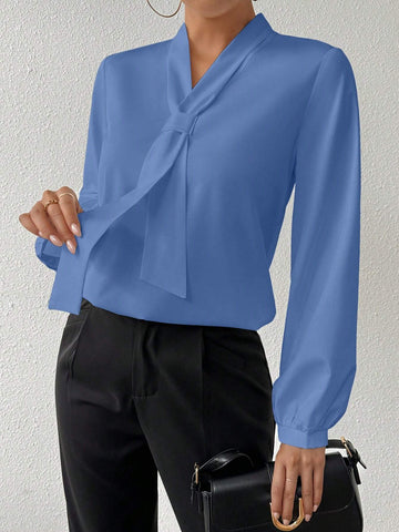 Women's White Lace-Up Design Long Sleeve Elegant Blouse