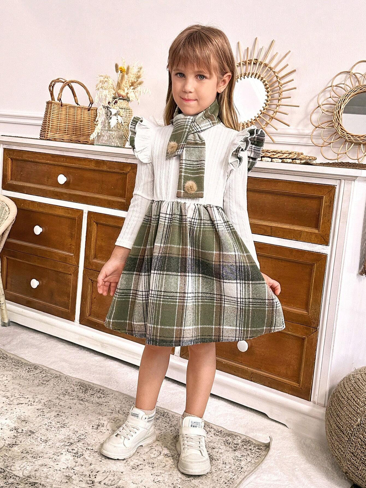 Ranchside Kids Girls Elegant Cap Sleeve Jacquard Plaid Dress And Scarf Set, For Travel, Party, Vacation, Gift, Fall Season