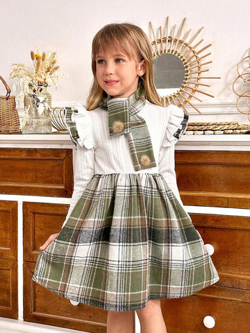 Ranchside Kids Girls Elegant Cap Sleeve Jacquard Plaid Dress And Scarf Set, For Travel, Party, Vacation, Gift, Fall Season