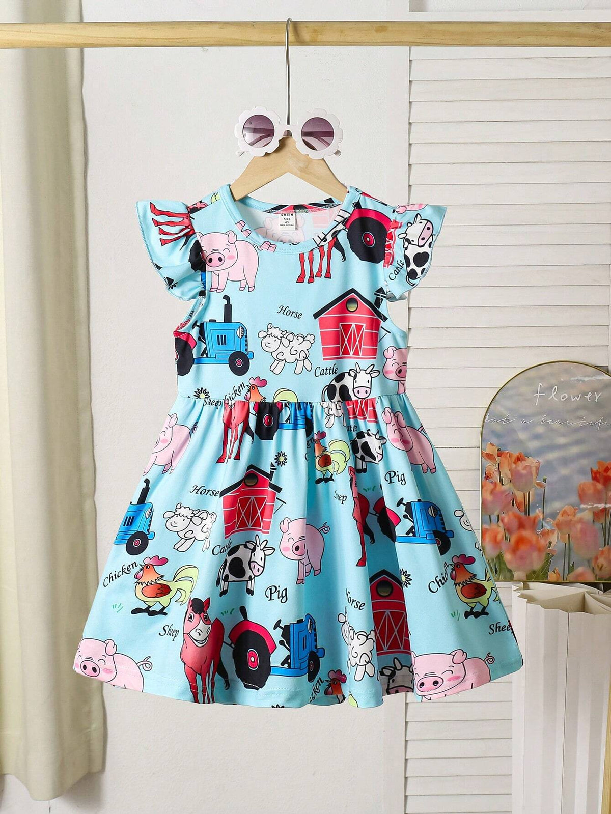 Kids Girls Summer Thin Cute Childlike Sweet Literary Style Full Body Cartoon Animal Pattern Print Flying Sleeves Stitching Dress