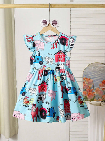 Kids Girls Summer Thin Cute Childlike Sweet Literary Style Full Body Cartoon Animal Pattern Print Flying Sleeves Stitching Dress