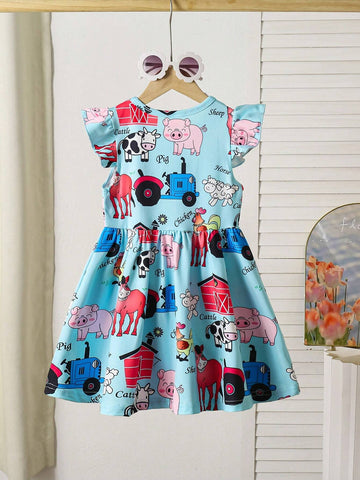Kids Girls Summer Thin Cute Childlike Sweet Literary Style Full Body Cartoon Animal Pattern Print Flying Sleeves Stitching Dress