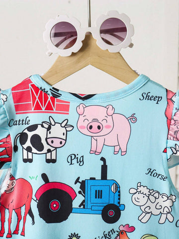 Kids Girls Summer Thin Cute Childlike Sweet Literary Style Full Body Cartoon Animal Pattern Print Flying Sleeves Stitching Dress