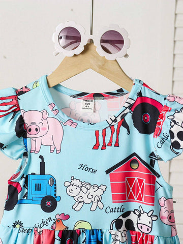 Kids Girls Summer Thin Cute Childlike Sweet Literary Style Full Body Cartoon Animal Pattern Print Flying Sleeves Stitching Dress