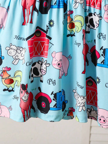 Kids Girls Summer Thin Cute Childlike Sweet Literary Style Full Body Cartoon Animal Pattern Print Flying Sleeves Stitching Dress