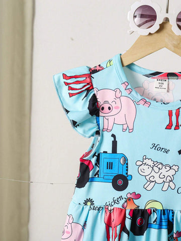 Kids Girls Summer Thin Cute Childlike Sweet Literary Style Full Body Cartoon Animal Pattern Print Flying Sleeves Stitching Dress