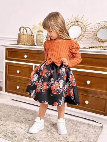 Kids Young Girl Crew Neck Long Sleeve Bow-Tie Floral Print Puff Sleeve Tie-Front Dress