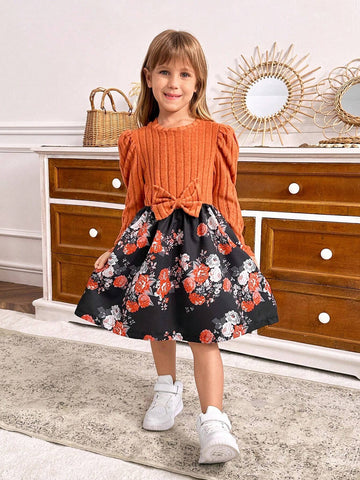 Kids Young Girl Crew Neck Long Sleeve Bow-Tie Floral Print Puff Sleeve Tie-Front Dress