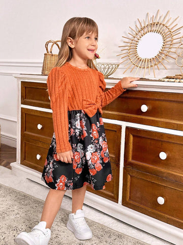 Kids Young Girl Crew Neck Long Sleeve Bow-Tie Floral Print Puff Sleeve Tie-Front Dress