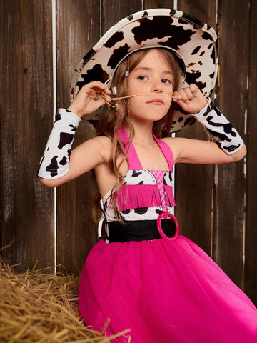 Girls Cow Print Mesh Hem Halter Dress Without Belt & Gloves