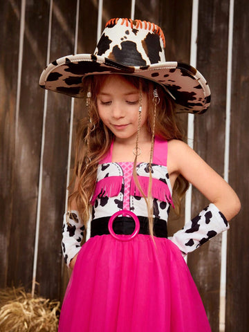 Girls Cow Print Mesh Hem Halter Dress Without Belt & Gloves