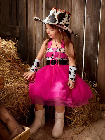 Girls Cow Print Mesh Hem Halter Dress Without Belt & Gloves
