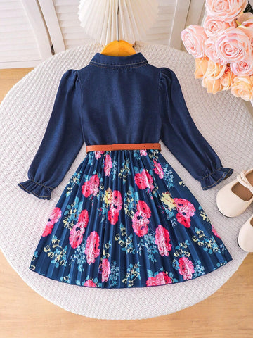 Kids Young Girls' Fashion Denim Patchwork Printed Pleated Hem Vacation Faux Layered Dress