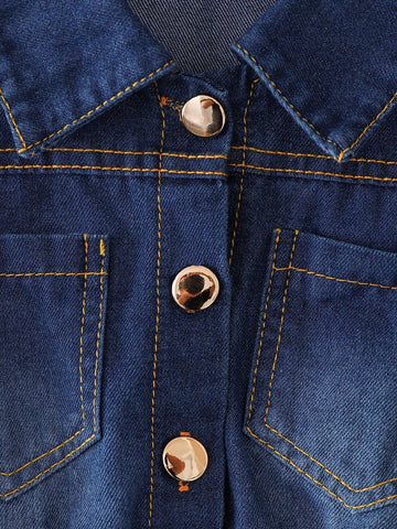 Kids Young Girls' Fashion Denim Patchwork Printed Pleated Hem Vacation Faux Layered Dress