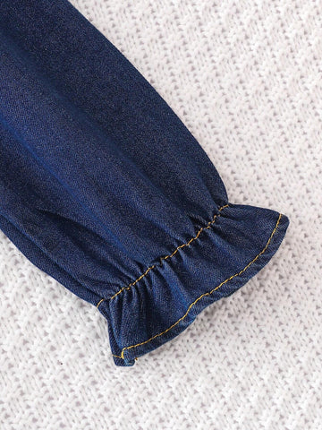 Kids Young Girls' Fashion Denim Patchwork Printed Pleated Hem Vacation Faux Layered Dress